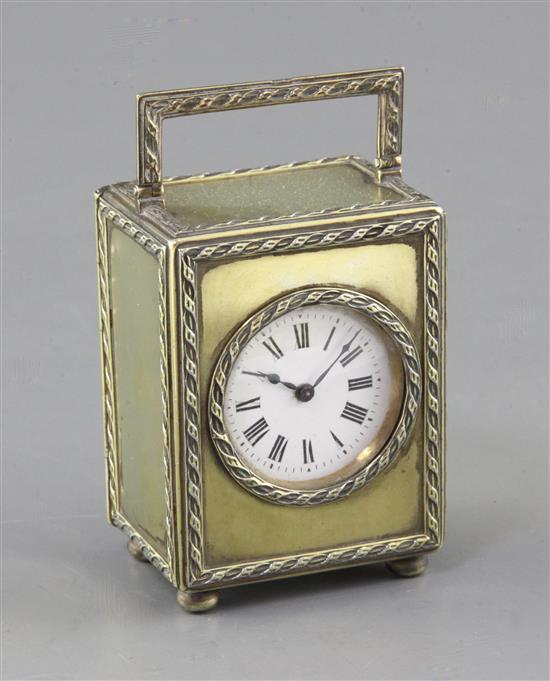A George V silver gilt miniature carriage timepiece by Drew & Sons, 74mm.